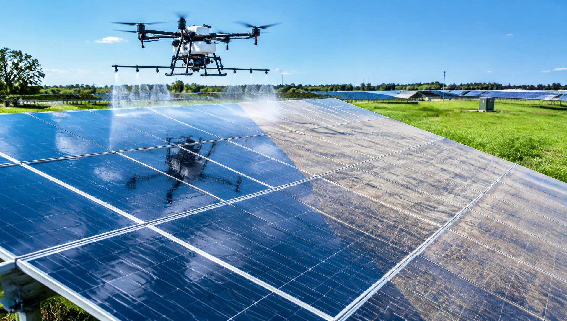 Dron pastrimi që spërkat ujë mbi një park fotovoltaik