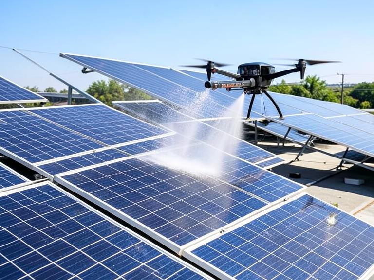Dron që spërkat ujë mbi rreshtat e një parku fotovoltaik